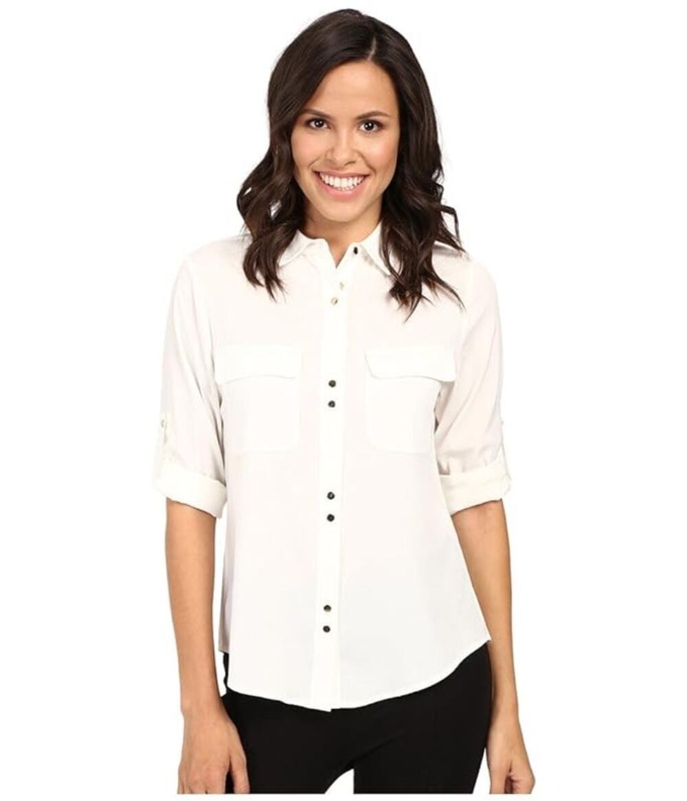 Ivanka Trump White Double Button Roll Tab Sleeve Collared Blouse Size XL NWT